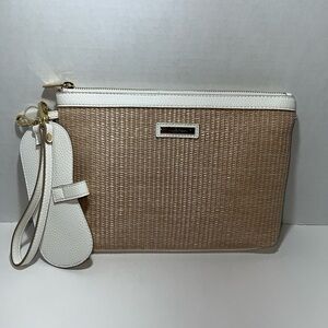 NWOT Nanette Lepore Straw and Vegan Leather Tan and White Woven Wristlet